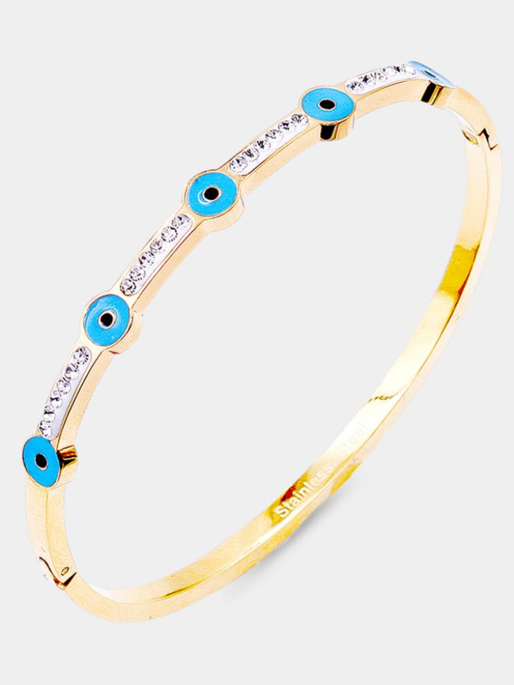 Stainless Steel Bangle Bracelet Hinge Closure Evil Eye Hamsa Crystal GOLD BLUE